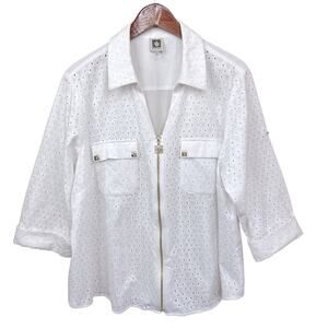 ANNE KLEIN White Lace Gold Button Full Zipper 3/4 Sleeve Blouse Women’s Size 2X